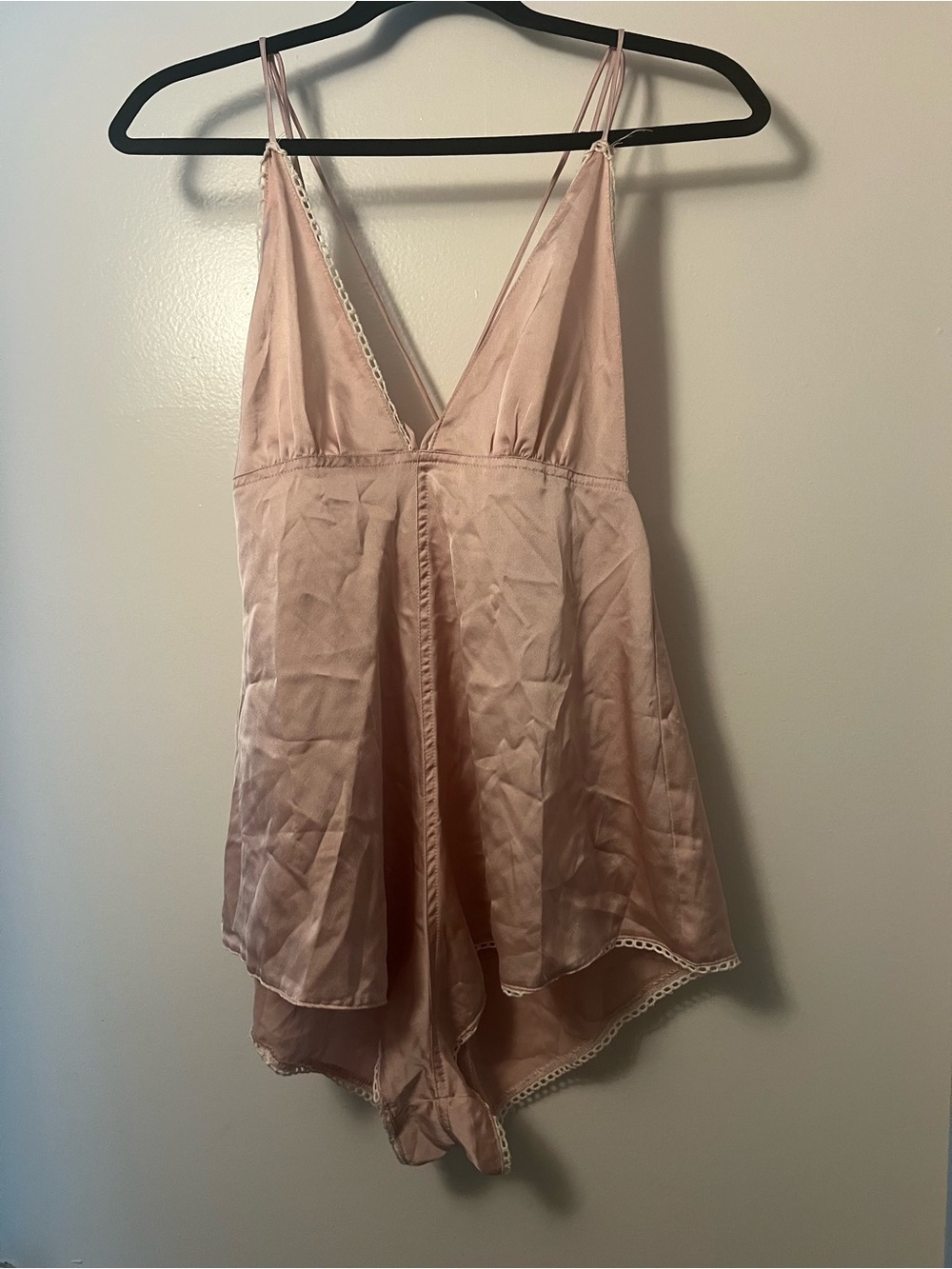 Silky Pink Lace-Trim Chemise Romper